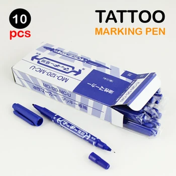 10PCS Tetovanie Príslušenstvo Pero Dodanie Modrá Olej Atrament 0.7 mm & 1-1.3 mm Dual Tip Dvojité Konci Tetovanie Pokožky Značka Ce Pero Pisár Nástroj