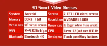 Nové 3D video okuliare K600S Android4.4 Bluetooth 2 m vzdialenosť 98 cm virtuálny displej HD HDMI vstup dotyk