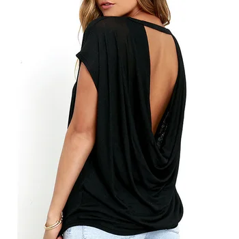 Móda Otvorte Zadný T Shirt Ženy Bežné Backless Krátke Rukáv Tričko Horúce Letné Oblečenie Voľné O-krku Topy Tees Čierna biela