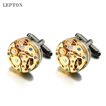 Lepton Sledovať Pohyb manžetové gombíky pre nehnuteľného Zlatá Farba Steampunk Výstroj Hodinky Mechanizmus manžetové pre Pánske Relojes gemelos