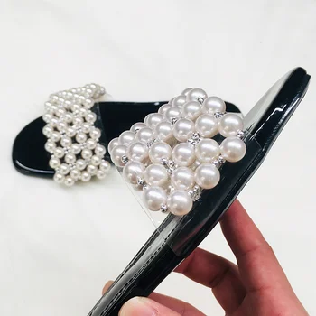 2020 Nové dámske Letné Topánky Pearl Dekorácia Bytu Kožené Papuče Žien String Perličiek Rímske Sandále Zapatos De Mujer