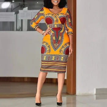 Africkej Ženy šaty tvaru dlhý rukáv šaty Afrika Kleidung jeseň Vysoký Pás Ceruzku Sukne bodycon vintage streetwear Oblečenie