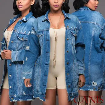 Horúce 2019 Základné Dlho Džínsy Coats Ženy Slim Roztrhlo Denim Jacket Femme Elegantný Retro Rozštiepené Bundy Outwear Casacos Feminino