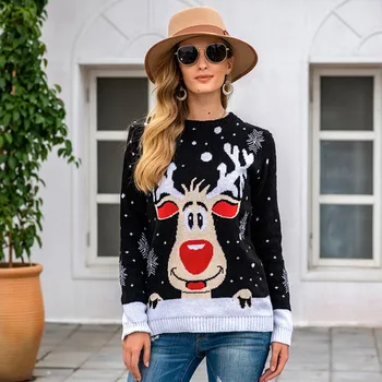 Ženy Vianočné Voľné pulóver elk žakárové Teplé Pletené sveter s Dlhým Rukávom Sveter Jumper Topy O-Krku Škaredé Vianoce Sveter