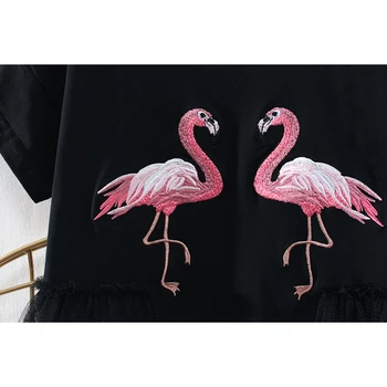 Letné Bežné Matka A Dcéra T-shirt Dress Čipky Spájať Rodiny Zodpovedajúce Oblečenie Flamingo Výšivky Mama A Dcéra Šaty