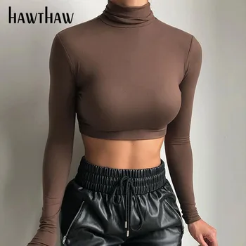 Hawthaw Ženy Jeseň Zima Dlhý Rukáv Soild Farba Slim Bodycon Turtleneck Krátke Topy T Shirt 2020 Klesnúť Oblečenie, Streetwear
