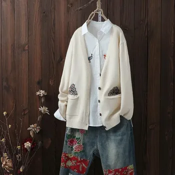Cardigan Coats Ženy Jeseň Voľné Bežné Sveter Nové 2020 kórejský Štýl Vintage tvaru Kvetinový Žena Pletené Vesty P1050