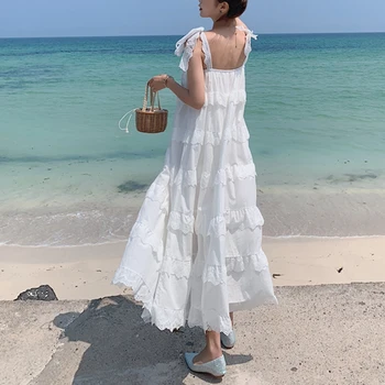 Boho modrá midi prehrabať šaty bavlna vintage voľné plážové šaty špagety popruh ruched výšivky bežné biele čipky šaty dámske