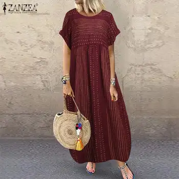 Vintage Vytlačené Letné Šaty dámske Pruhované Sundress ZANZEA 2021 Bežné Krátky Rukáv Maxi Vestidos Žena O Krk Šaty Plus Veľkosť