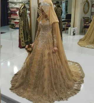 Dubaj Šampanské Moslimských Svadobné Šaty S Dlhým Rukávom Abaya Dubaj Ženy Formálne Šaty Turecký Islamské Oblečenie 2019 Zákazku