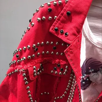 Červená Denim Jacket Ženy Strapec Diamanty Korálkové Krátke Jean Kabát Žena Jesenné Módne Značky Kabát Klope Voľné Casacos Feminino