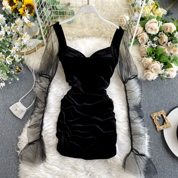 Ženy Retro Zamatové Čierne Mini šaty Oka Dlhým rukávom V-neck Skladaný Package Hip Bežné Vestidos L086
