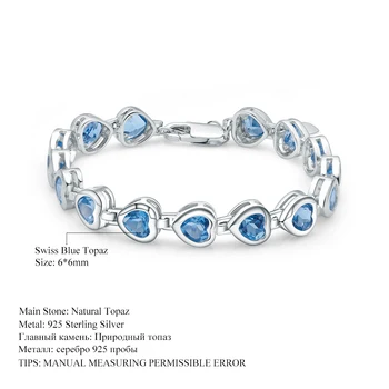 GEM BALET 6x6mm Srdce Swiss Natural Blue Topaz Reťaz Prepojenie Náramok Čistý 925 Sterling Silver Módne Šperky Pre Ženy
