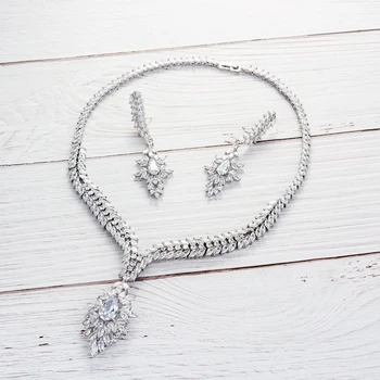 Luxusné Crystal CZ Zirkónmi Svadobné Svadobné Kvet Náhrdelníky Náušnice Set Šperkov Sady pre Ženy Prom Príslušenstvo CN10202