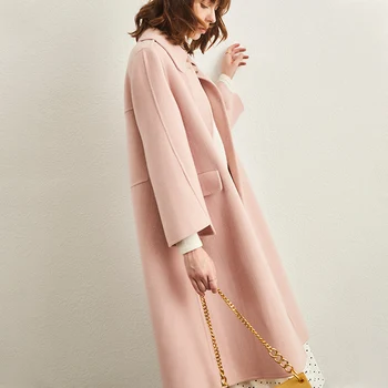 Ružová nula cashmere kabát žien reverzibilné stredne dlhý 2019 zimné nový high-end populárne Hepburn vlnené kabát