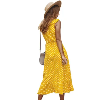 Letné Bežné Bavlna Plážové Šaty Maxi 2020 Žltá V Krku Nepravidelný Polka Dot Bez Rukávov Tank Dlhé Šaty Pre Ženy Vestidos