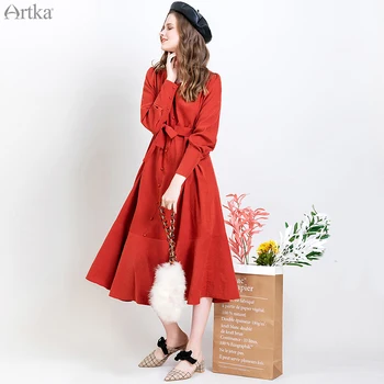 ARTKA 2019 Jeseň Zima Ženy, Vintage Šaty Červené Elegantného tvaru Šaty s Dlhým Rukávom Šaty S Pásom Pre Ženy LA15193D