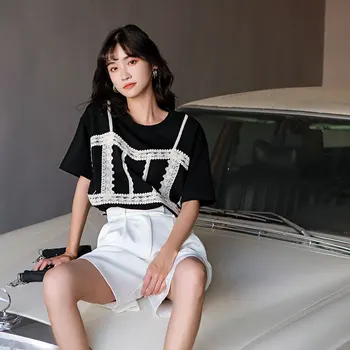 CHEERART Black Patchwork Čipky T Shirt Ženy kórejský Letné Tričko Krátky Rukáv Top Návrhár Tee Tričko 2020 Oblečenie