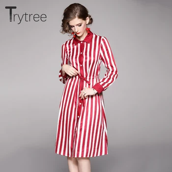 Trytree 2020 Jeseň Ženy Šaty, Oblečenie pre voľný čas Zase dole Golier Singel svojim Pásom Šnúrkou Prúžok Koleno-Dĺžka-line Šaty