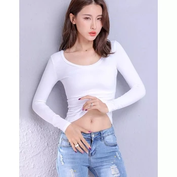 2021 moda mujer camiseta de algodón bežné farba sólido manga larga cuello redondo ropa