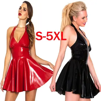 Nový Príchod Ženy Sexy V Krku PVC Šaty Vianočný Večierok Sexy Mini Šaty s uväzovaním za Clubwear Veľkosť S M L XL XXL 3XL 4XL 5XL