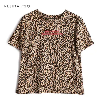 BIAORUINA Ženy Leopard Vytlačené T-shirt Žena Sexy List Výšivky Bežné Tees Topy Ženy Fashiob O-neck T-shirt Krátkym Rukávom