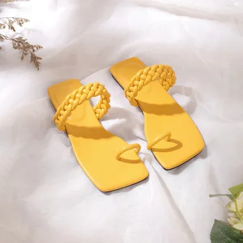 Veľká Veľkosť 41 42 Žien Módne Sandále Väzbe Pevné Kožené Pohodlie Ženské Topánky Štvorcové Prst Sandalias Mujer Jasne Žlté