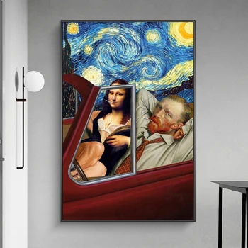 Zábavné Umenie Van Gogh a Mona Lisa Jazdy Plátno Plagáty Abstraktné Fajčenie olejomaľby na Plátne, obrazov na Stenu Domov Stenu Decor