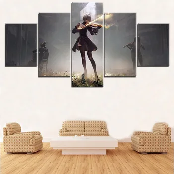 Modulárny Obrázok Wall Art Decor Hra Plagát Plátno Tlačiť 5 Panel NieR Automaty 2B Hrať Husle Maľovanie Na Obývacia Izba Obrázok