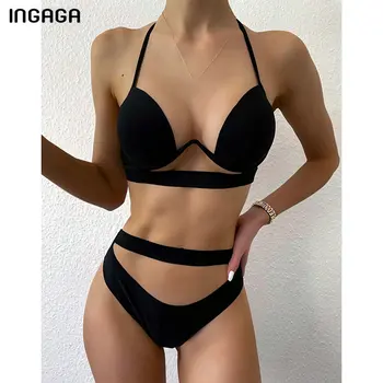 INGAGA Vysoký Pás Bikini Čierne Plavky, Plavky Ženy Push Up Biquini Vystrihnúť plavky Reťazec s uväzovaním za Plaviek 2021 Nové