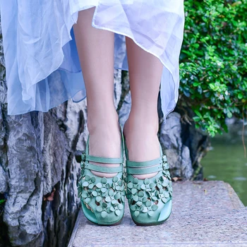 VALLU 2020 ručne vyrábané kožené topánky dámske papuče kvety otvory ploché dno pohodlné, priedušné dizajnér sandále