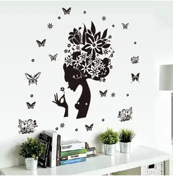Stena Nálepky, Obývacia izba, spálňa pozadí Motýle Stenu Odtlačkový Dievča Čierne Kvety Vymeniteľné Vinyl na Stenu Umenie Nálepky RoomMay10