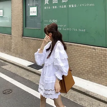 RUGOD Elegantné Biele Čipky Šaty Žien kórejský Módne Duté Sa Prehrabať Mini Šaty 2020 Lete Bežné Svietidla Rukáv O Krk Šaty