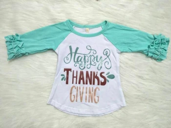 Hot predaj zelené biele tričko pre dievčatká vysokej kvality O krk šťastný vďaka dať dlhý rukáv deti deti list top gxj