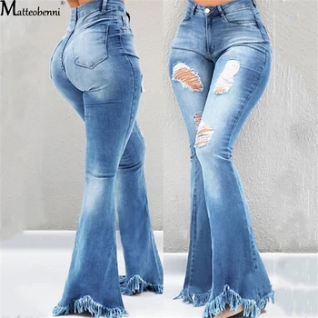 Jeseň Ženy Sexy Vysoký Pás Roztrhlo Svetlice Džínsy 2020 Streetwear Dámske Nohavice Bell Dna Chudá Vintage Denim Jeans Nohavice