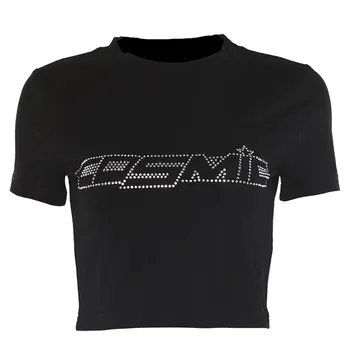 OSLLENLLA Drahokamu Čierne Tričká Ženy Tshirts Plodín Top Dámy Streetwear Módy Top Čaj Slim Fit Krátky tričko 2020 Nové
