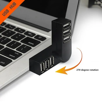 Mini 3-Port USB 2.0 Rotačné Splitter Adaptér Rozbočovač Pre PC, Notebook Notebook Čierna