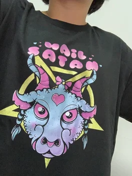 Kuakuayu HJN Zdravas Satan Tričko Pastel Goth T-shirt Estetické Oblečenie Mäkké Grunge Top Koza Graphic Tee Pentagram Tričko