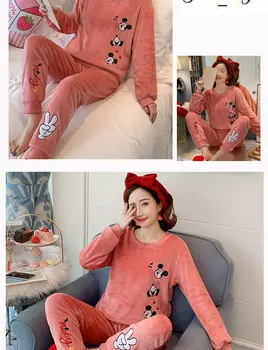 Roztomilý Mickey Pjs Ženy Pyžamo Obleky, Zimné Domáce Oblečenie Velvet Coral Pyžamá Plus Veľkosť Teplý Flanel Pijama Mujer Nastaviť