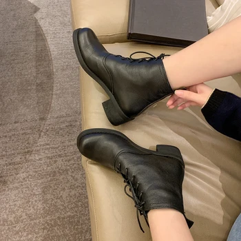 Kolo prst pravej kože 5cm med podpätky západnej topánky vysokej kvality cross-viazané street fashion Európskej členková obuv MMM17 MUYISEXI