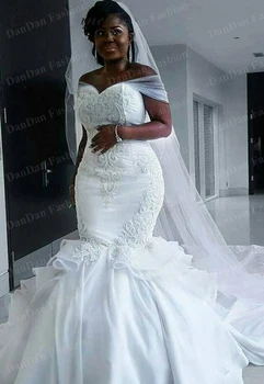Elegantné Saténové Vintage Morská víla Svadobné šaty 2021 dlho zábal Čisto Bielej Čipky a Výšivky Afriky morská víla svadobné Šaty