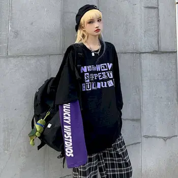 Tričko ženy falošné dva-kus t shirt Harajuku punk bf vietor voľné písmeno tlač, šitie dlhým rukávom T-shirt mužov a žien