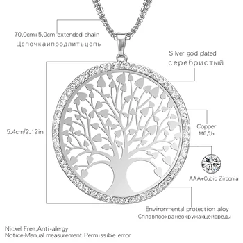 Zlatý Strom života Veľké Krištáľovo Náhrdelníky & Prívesky Ženy Duté Elegantné Multi Reťaze Dlho Collier Nové Módne Šperky 54*54 mm