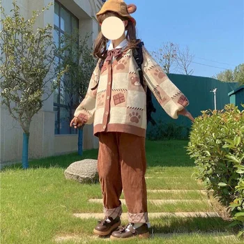 Jeseň iny Japonský mäkké dievča roztomilý medveď študent kórejská verzia voľné šitie koberčeky bežné wild rovno širokú nohu nohavice