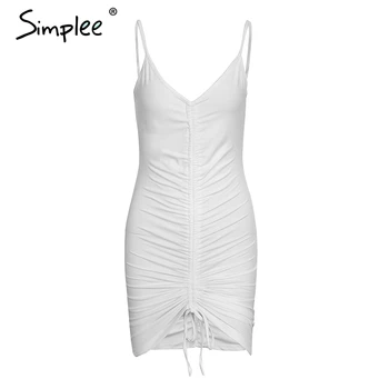 Simplee Backless sexy bodycon šaty žien Popruh v krku ruched krátke šaty žena Bežné elastické chudá biele letné šaty 2018