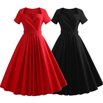 Krátke Rukávy Plus Veľkosť Vintage Šaty Pás Bavlna Solid Black/Red Audrey Hepburn Retro Šaty Strany Vestidos Kancelárske Šaty