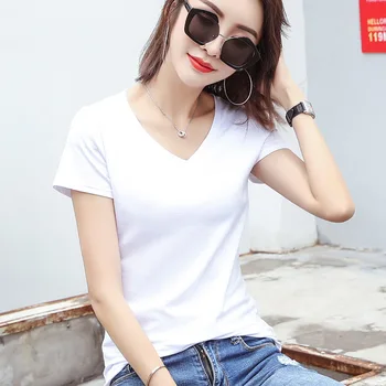 Módne dámske bavlnené tvaru farbou slim-krátke rukávy T-shirt