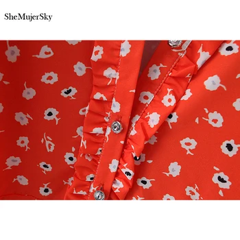 SheMujerSky Červená Kvetinový Tlač Šaty Žien Tlačidlá tvaru Letné Šaty vestidos verano 2019 sukienka