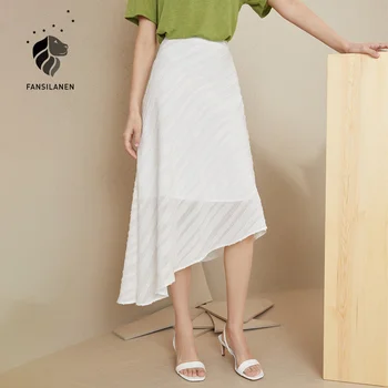 FANSILANEN Asymetrické biele pruhované dlhé sukne Ženy vysoký pás vintage letné sukne Bežné office lady sexy sukne dno 2020