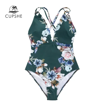 CUPSHE Zelený Kvetinový tlač tvaru jednodielne Plavky Ženy Sexy Backless Križujú celé plavky 2021 Nové Pláž, Kúpanie Oblek Plavky